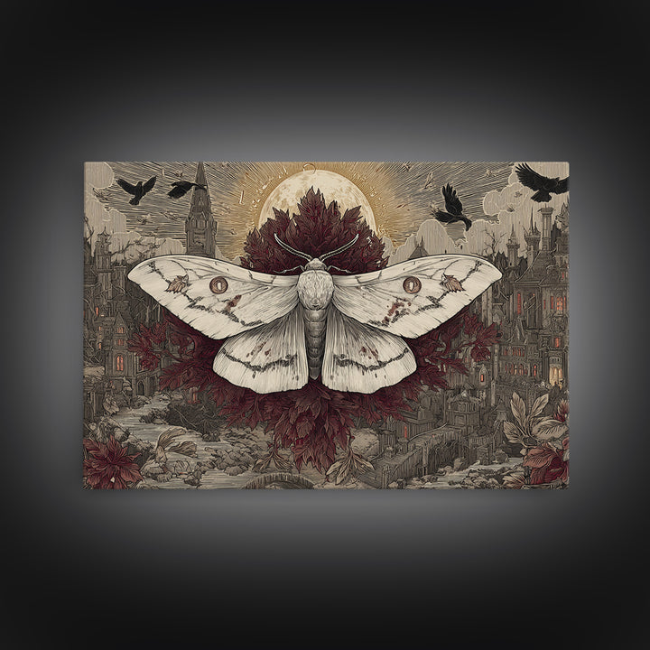 The Mourning Moth Halo - Environmental Panorama, Macabre Halloween Art, Landscape Wall Art, Framed Canvas Print, Halloween Home Decor