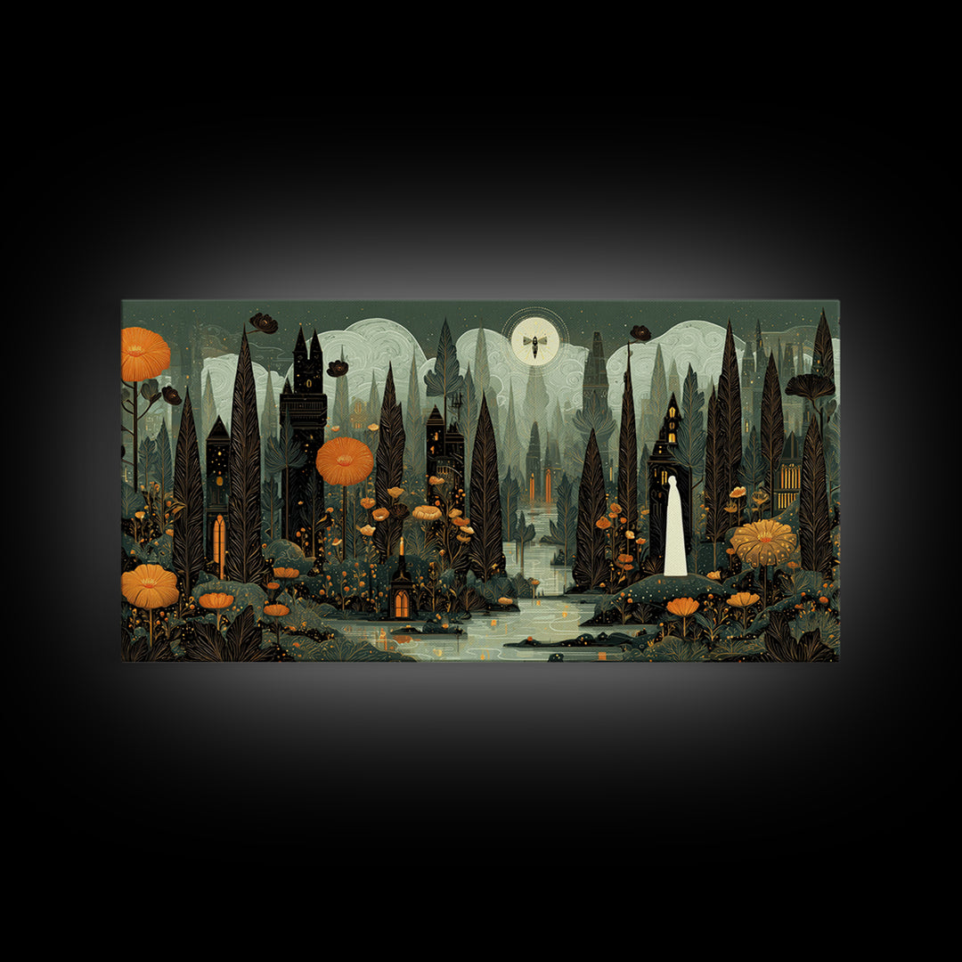 The Mourning Moth Halo - Environmental Panorama, Dark Fantasy Wall Art, Wide Panoramic Art, Canvas Print, Halloween Home Decor