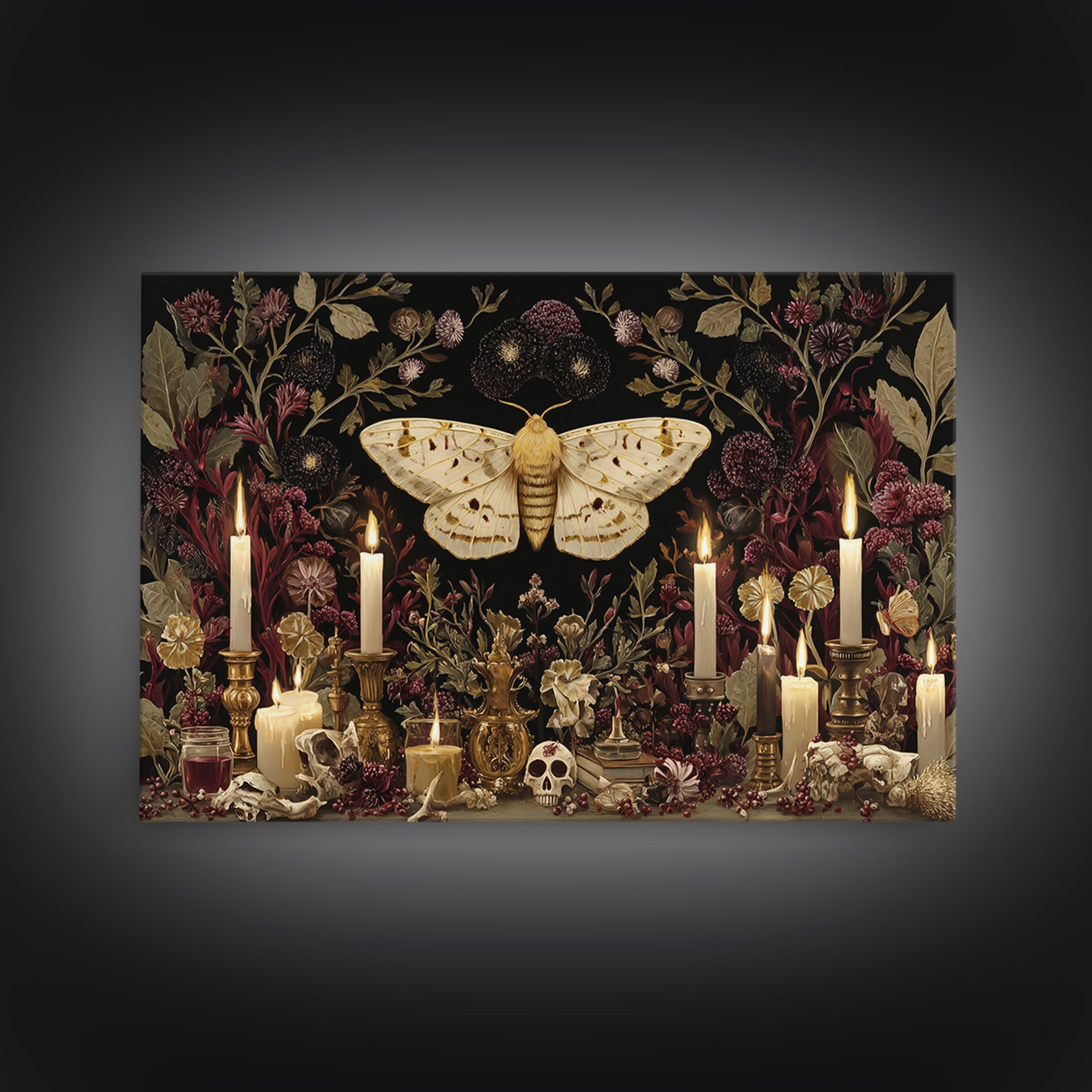 The Mourning Moth Halo - Occult Still Life, Macabre Halloween Art, Landscape Wall Art, Framed Canvas Print, Halloween Home Decor