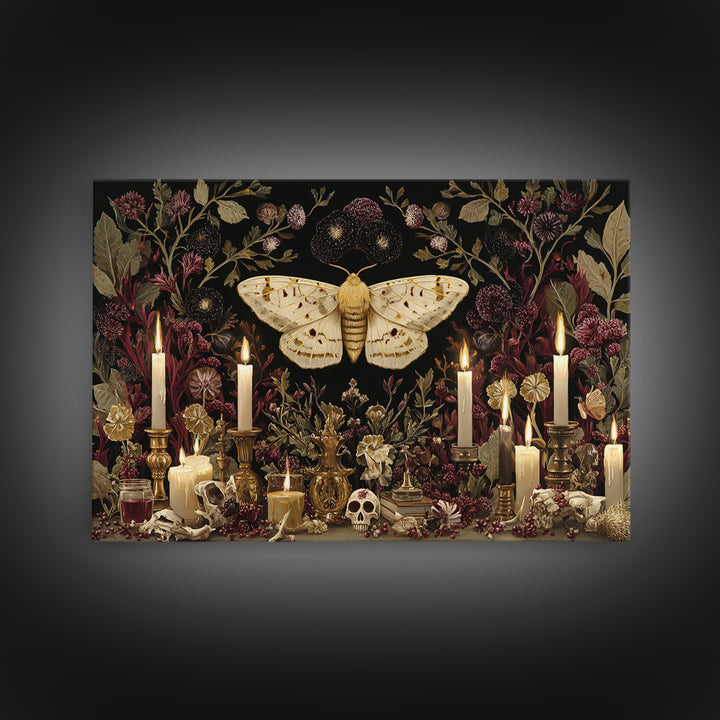 The Mourning Moth Halo - Occult Still Life, Macabre Halloween Art, Landscape Wall Art, Framed Canvas Print, Halloween Home Decor