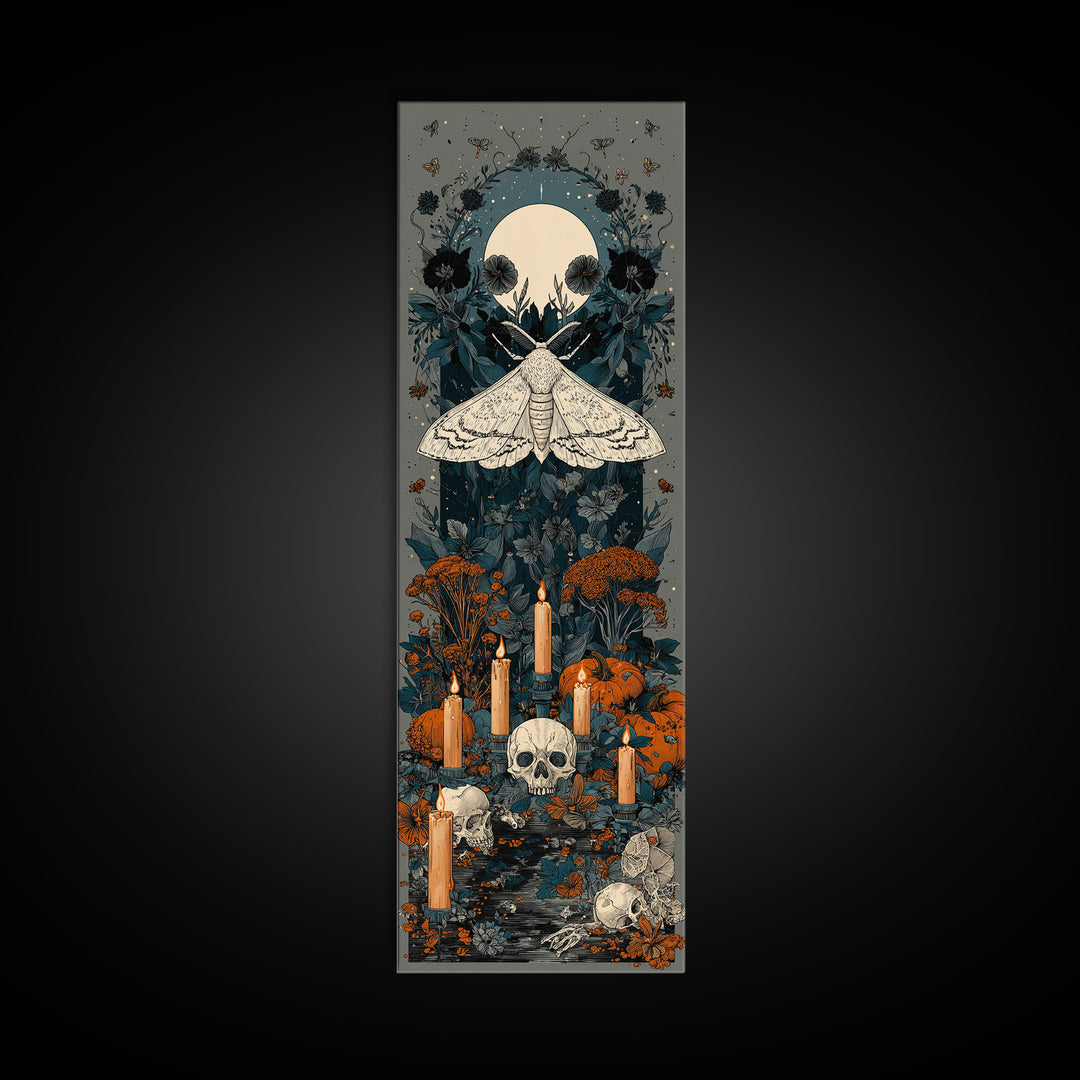 The Mourning Moth Halo - Occult Still Life, Macabre Halloween Art, Tall Narrow Wall Art, Framed Canvas Print, Halloween Home Decor