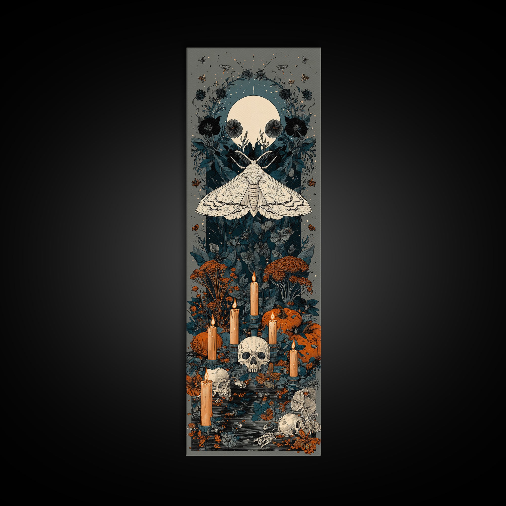 The Mourning Moth Halo - Occult Still Life, Macabre Halloween Art, Tall Narrow Wall Art, Framed Canvas Print, Halloween Home Decor