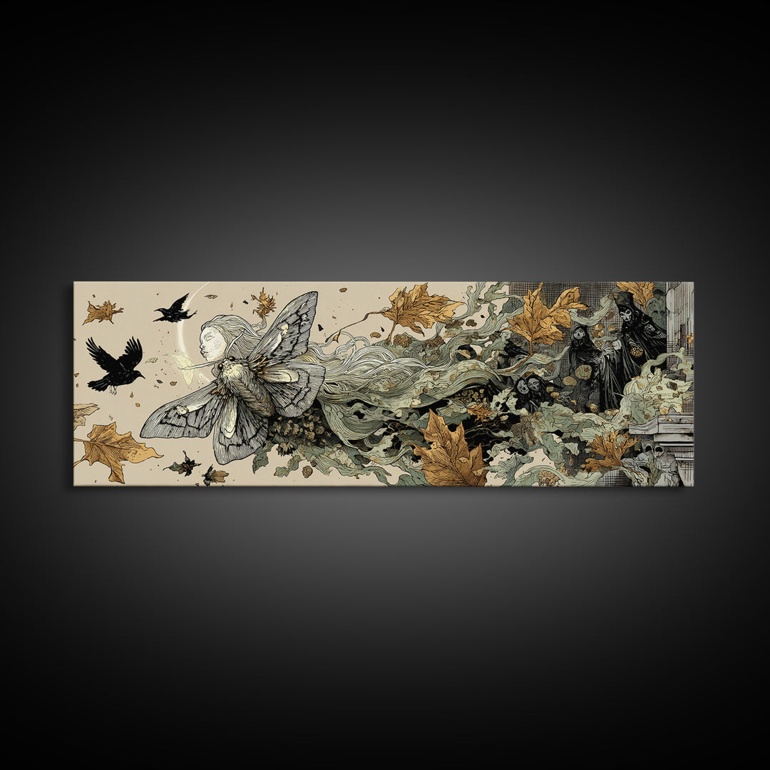 The Mourning Moth Halo - Procession Scene, Gothic Home Decor, Extra Wide Wall Art, Canvas Print, Halloween Home Decor, Gothic Wall Art