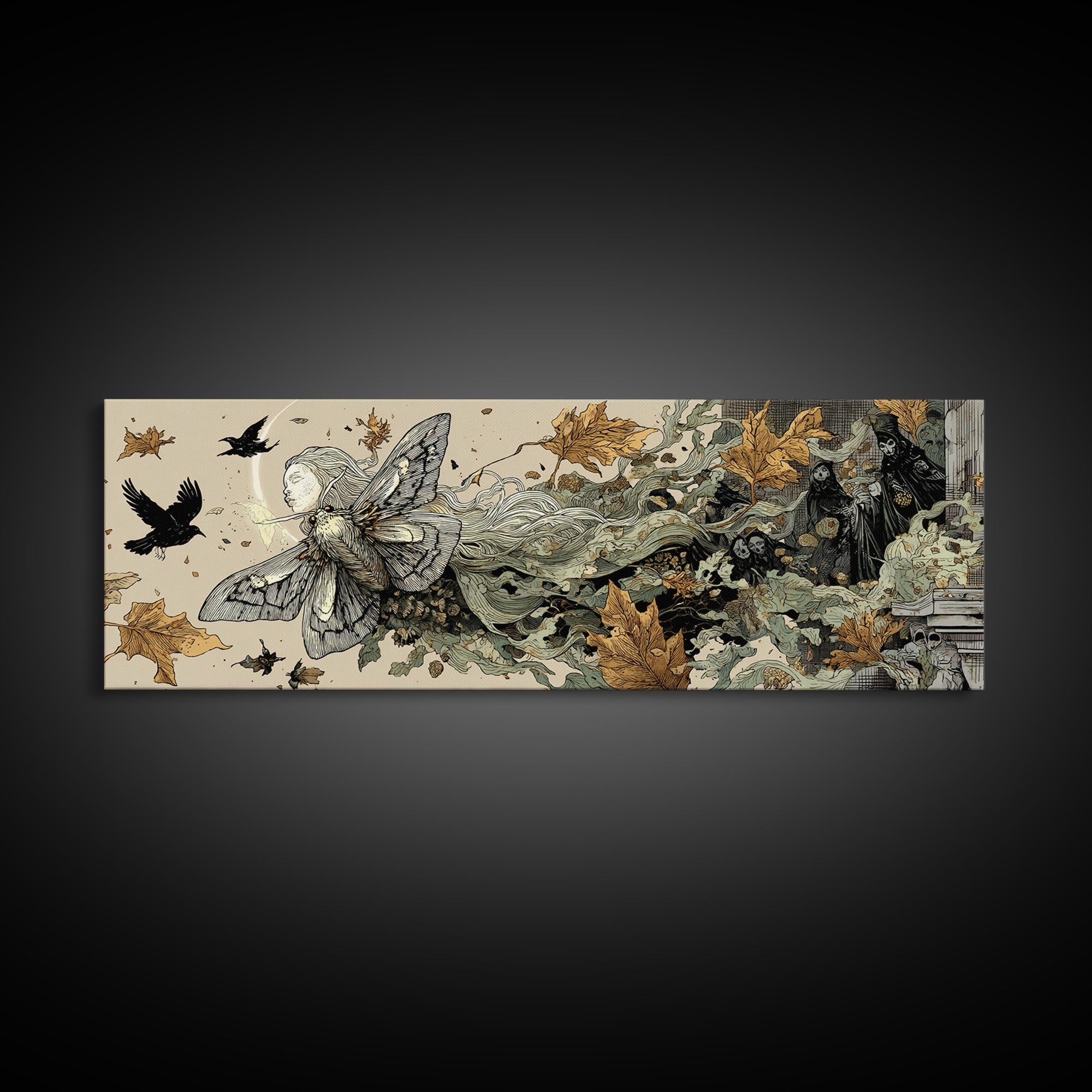 The Mourning Moth Halo - Procession Scene, Gothic Home Decor, Extra Wide Wall Art, Canvas Print, Halloween Home Decor, Gothic Wall Art