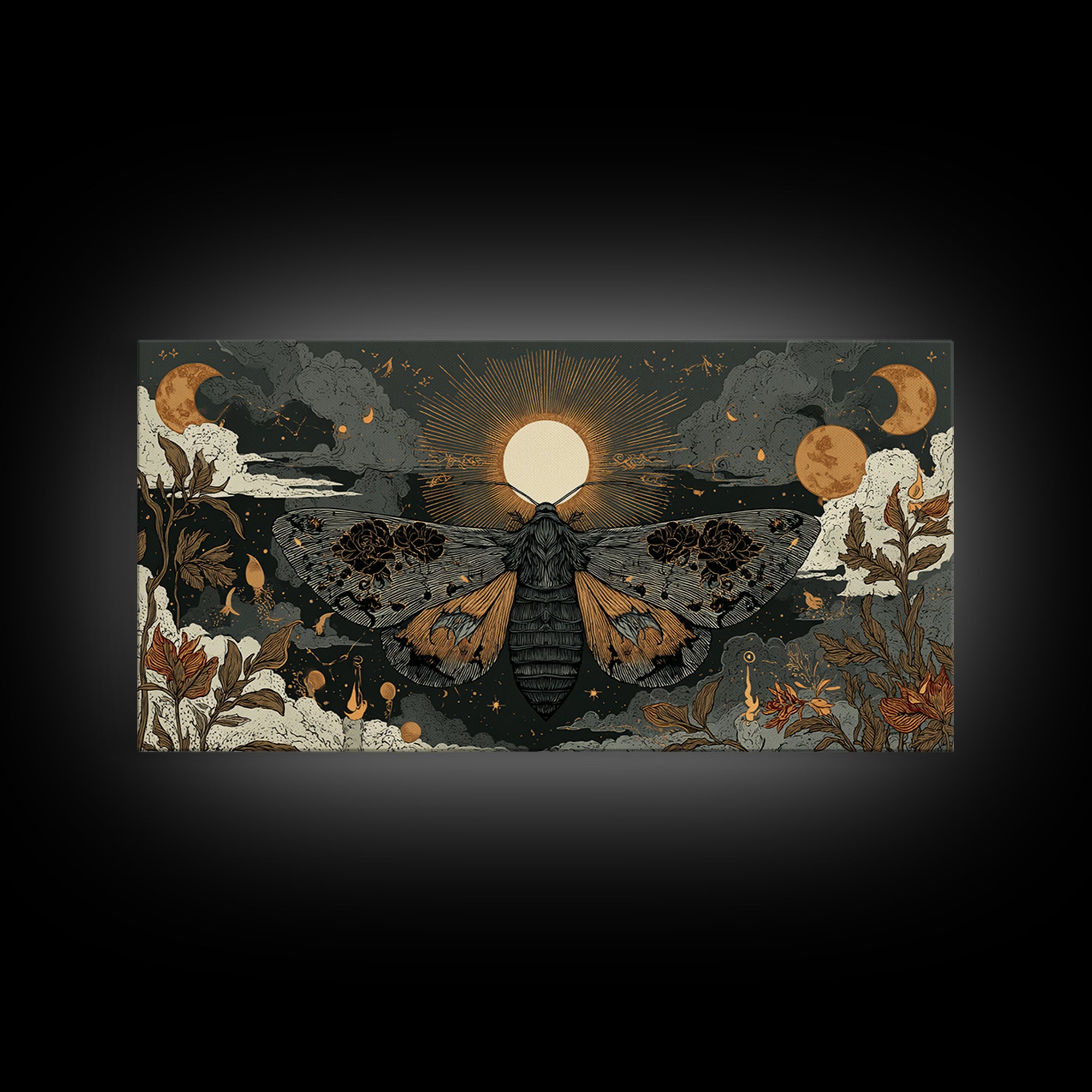 The Mourning Moth Halo - Surreal Celestial Vision, Macabre Halloween Art, Wide Panoramic Art, Framed Canvas Print, Halloween Home Decor