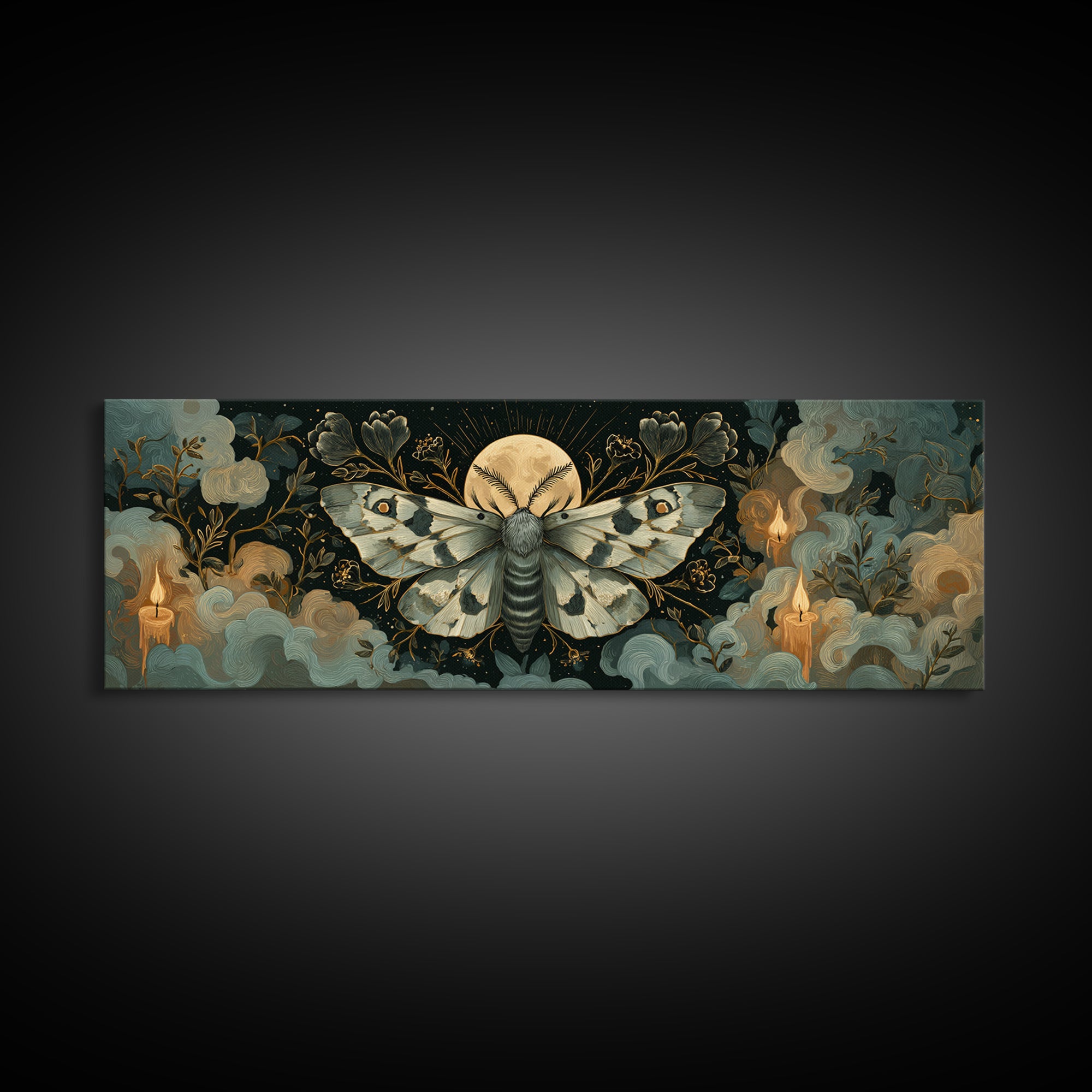 The Mourning Moth Halo - Surreal Celestial Vision, Gothic Home Decor, Extra Wide Wall Art, Canvas Print, Halloween Home Decor