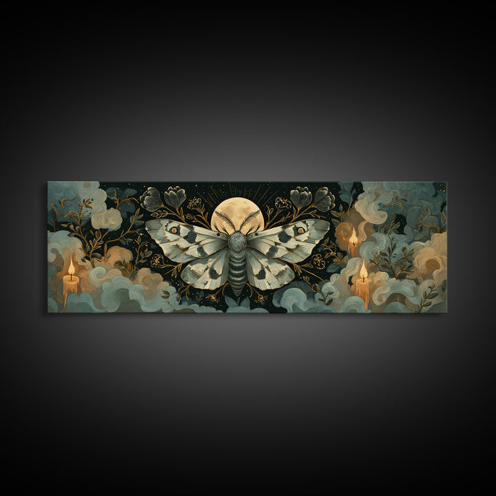 The Mourning Moth Halo - Surreal Celestial Vision, Gothic Home Decor, Extra Wide Wall Art, Canvas Print, Halloween Home Decor