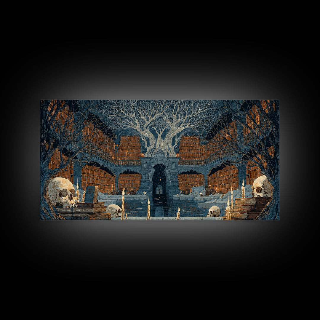 The Catacomb Library - Icon Portrait, Spooky Wall Decor, Wide Panoramic Art, Framed Canvas Print, Halloween Home Decor, Gothic Wall Art