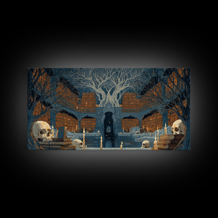 The Catacomb Library - Icon Portrait, Spooky Wall Decor, Wide Panoramic Art, Framed Canvas Print, Halloween Home Decor, Gothic Wall Art