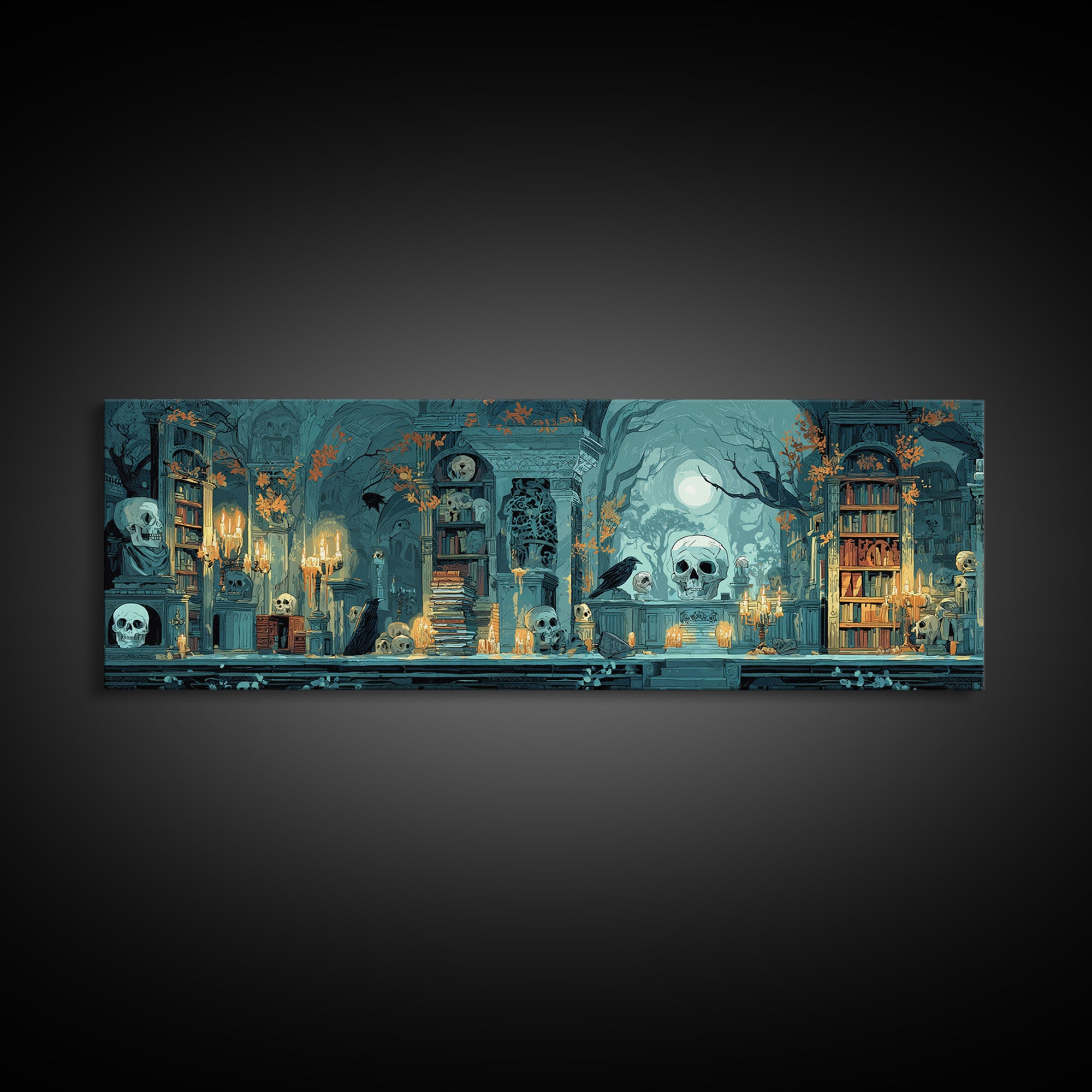 The Catacomb Library - Icon Portrait, Spooky Wall Decor, Extra Wide Wall Art, Framed Canvas Print, Halloween Home Decor, Gothic Wall Art