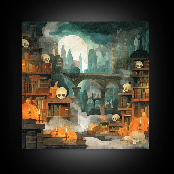 The Catacomb Library - Environmental Panorama, Macabre Halloween Art, Square Wall Art, Framed Canvas Print, Halloween Home Decor