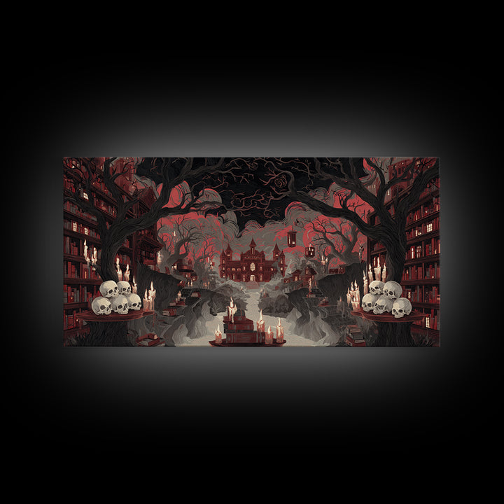 The Catacomb Library - Environmental Panorama, Macabre Halloween Art, Wide Panoramic Art, Framed Canvas Print, Halloween Home Decor