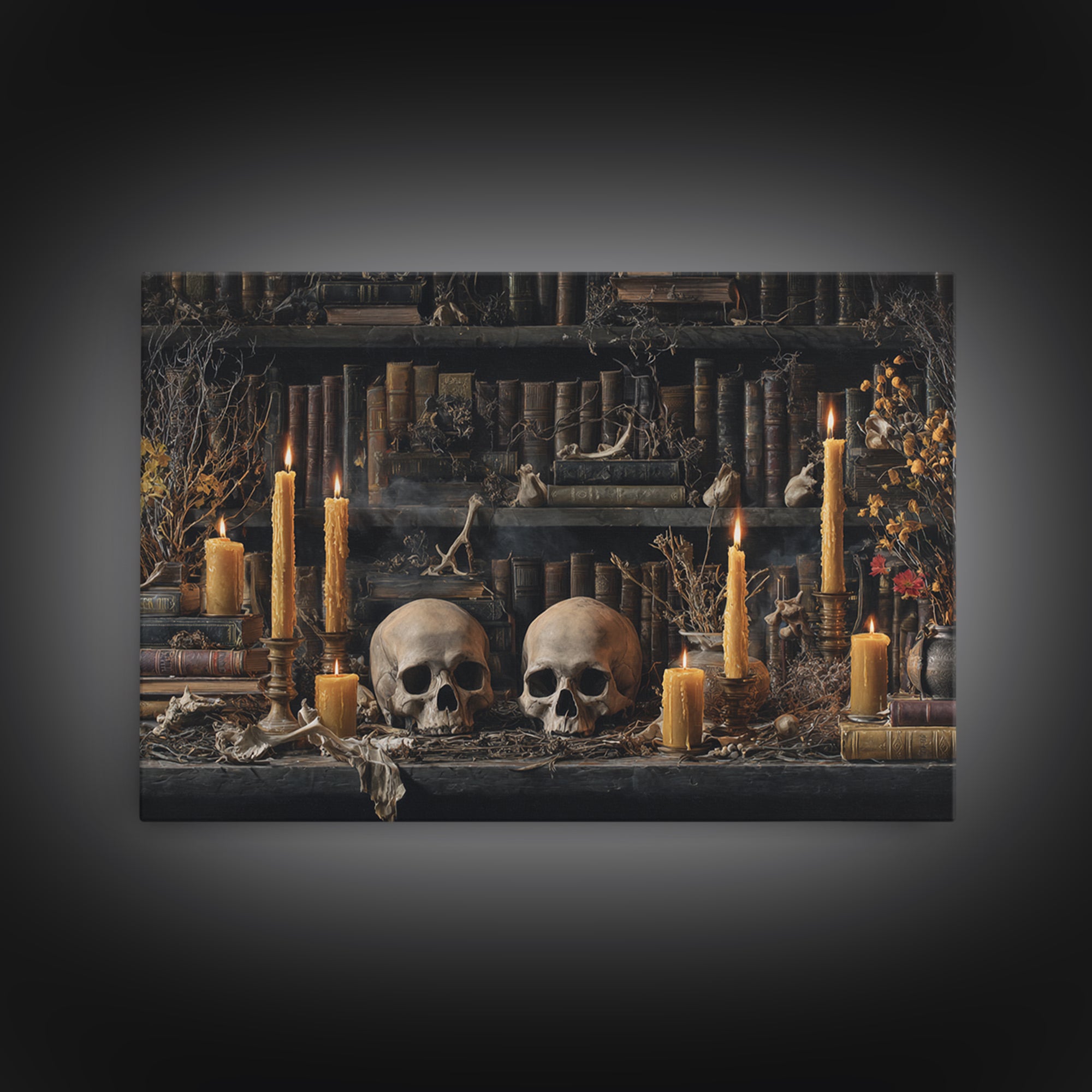 The Catacomb Library - Occult Still Life, Halloween Wall Art, Landscape Wall Art, Framed Canvas Print, Halloween Home Decor, Gothic Wall Art
