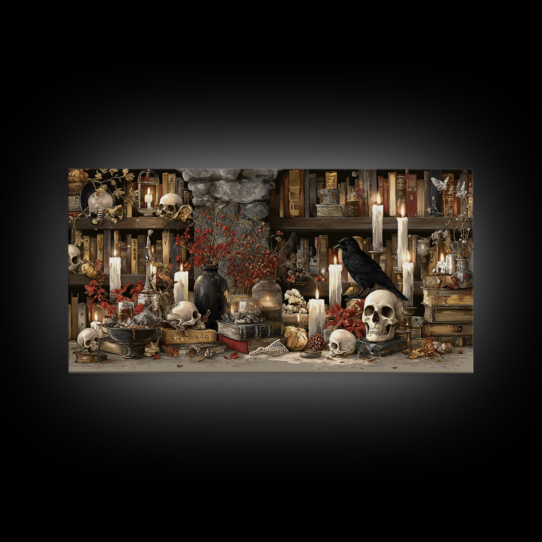 The Catacomb Library - Occult Still Life, Halloween Wall Art, Wide Panoramic Art, Framed Canvas Print, Halloween Home Decor, Gothic Wall Art