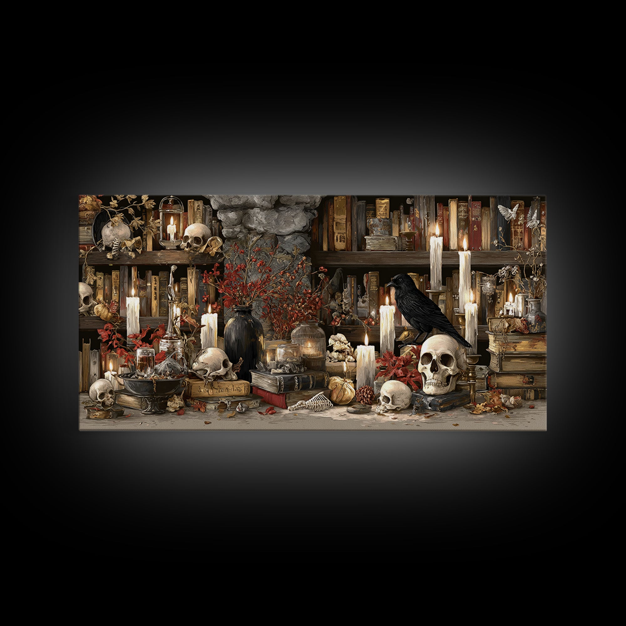 The Catacomb Library - Occult Still Life, Halloween Wall Art, Wide Panoramic Art, Framed Canvas Print, Halloween Home Decor, Gothic Wall Art
