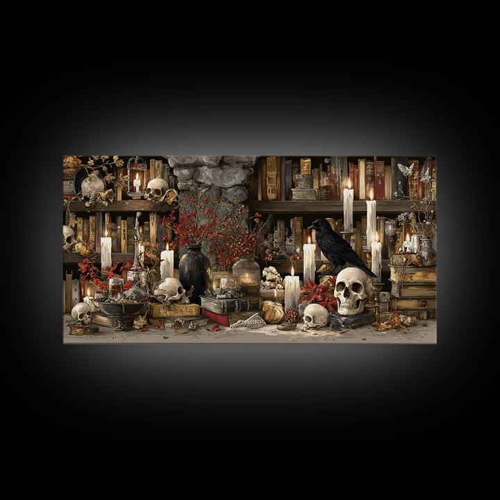 The Catacomb Library - Occult Still Life, Halloween Wall Art, Wide Panoramic Art, Framed Canvas Print, Halloween Home Decor, Gothic Wall Art