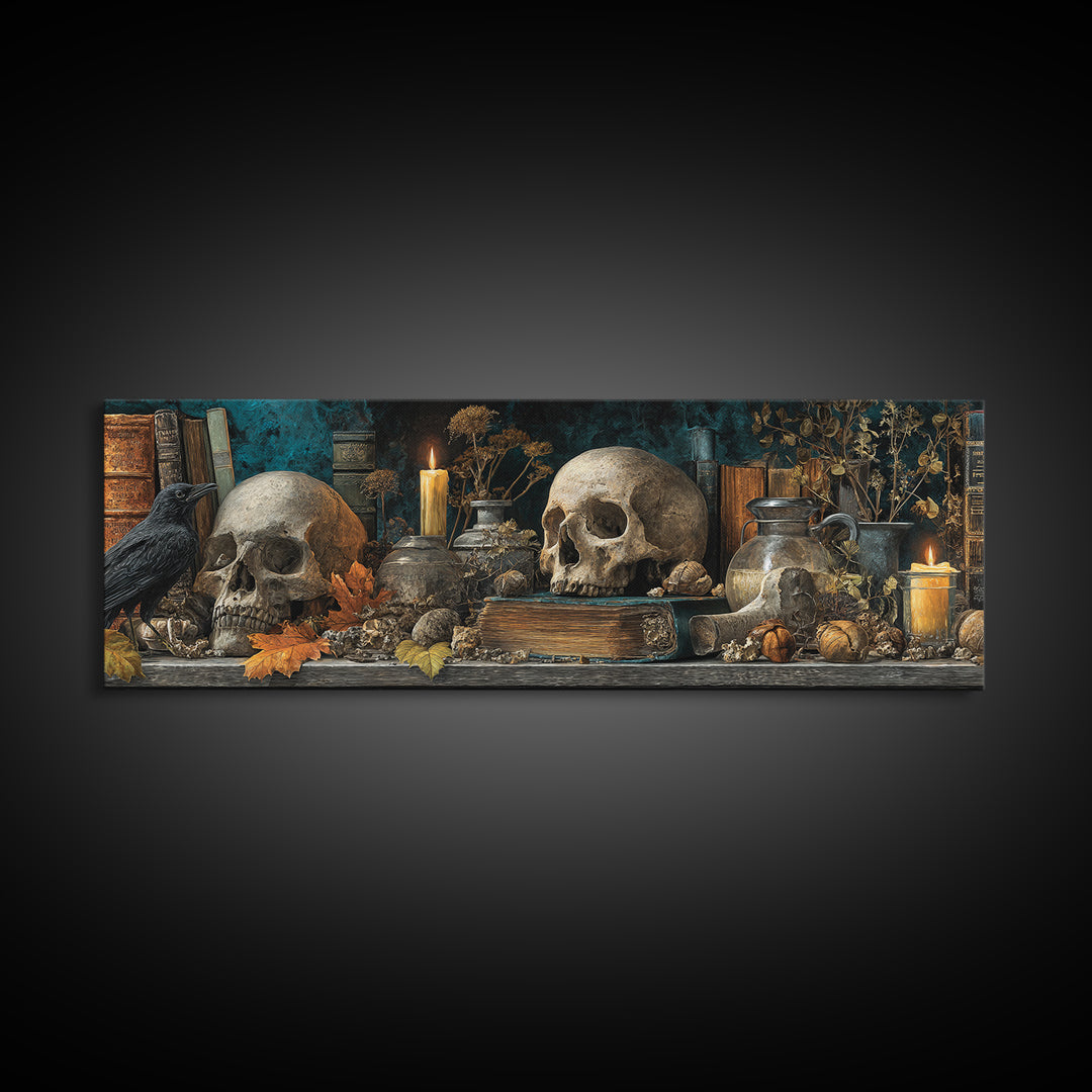 The Catacomb Library - Occult Still Life, Occult Wall Decor, Extra Wide Wall Art, Canvas Print, Halloween Home Decor, Gothic Wall Art