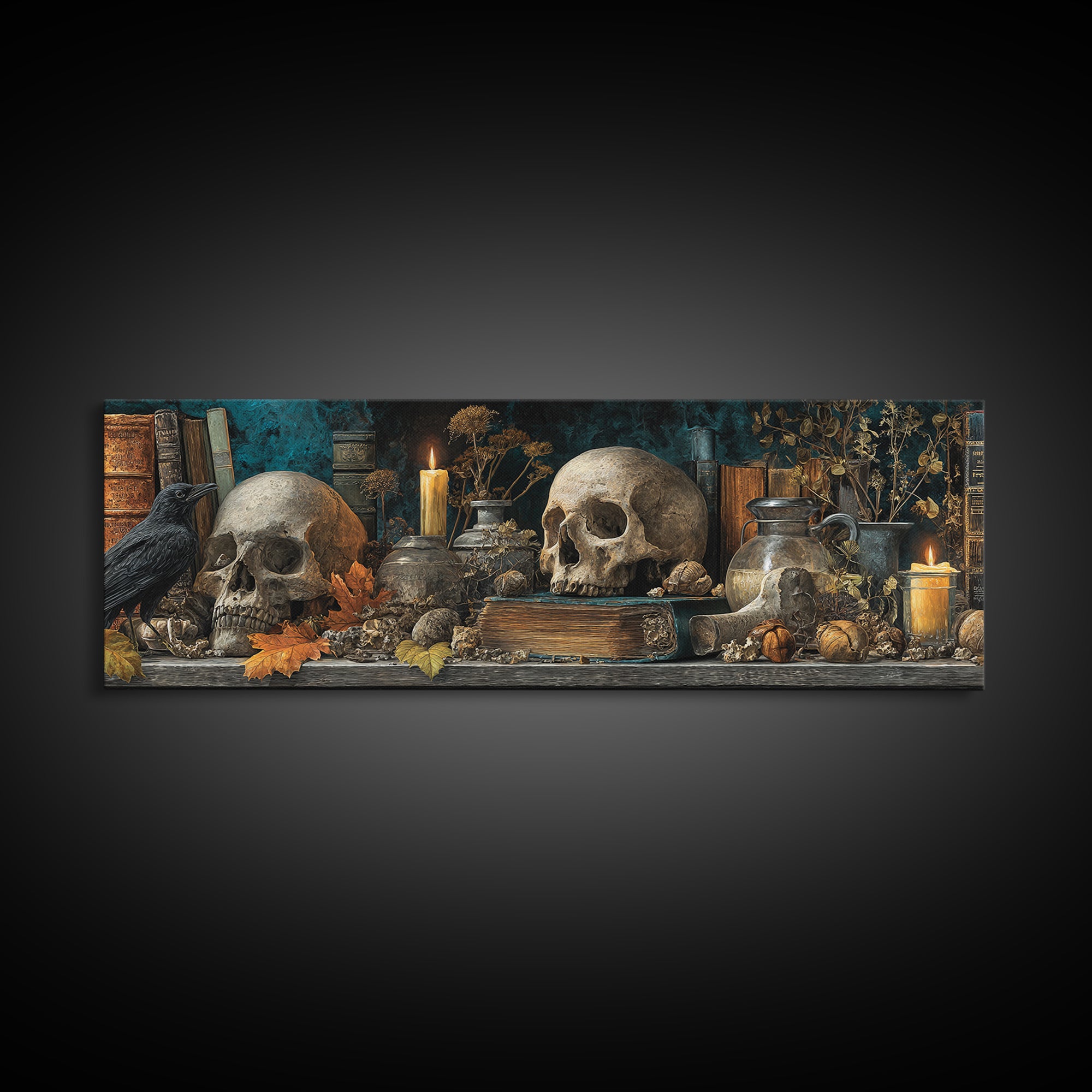 The Catacomb Library - Occult Still Life, Occult Wall Decor, Extra Wide Wall Art, Canvas Print, Halloween Home Decor, Gothic Wall Art
