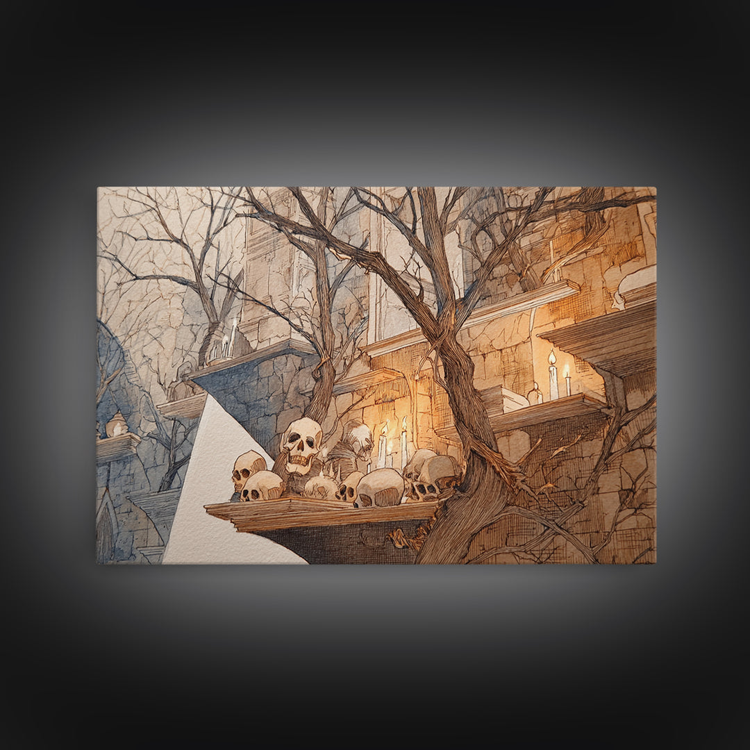 The Catacomb Library - Procession Scene, Spooky Wall Decor, Landscape Wall Art, Framed Canvas Print, Halloween Home Decor, Gothic Wall Art