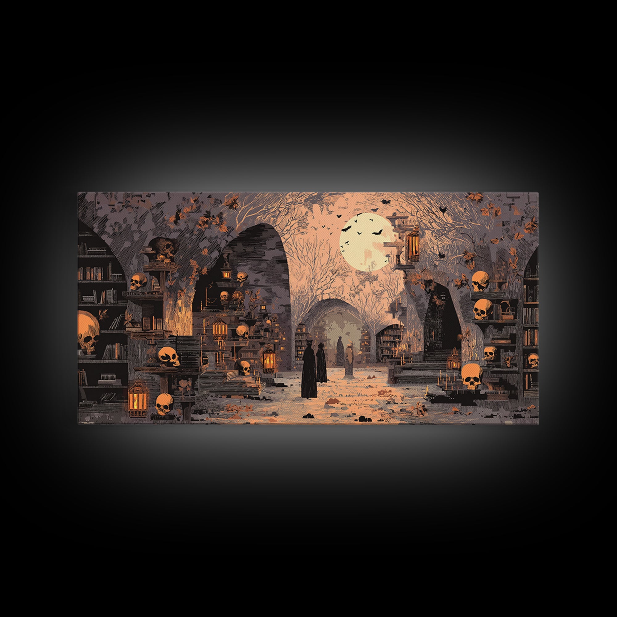 The Catacomb Library - Procession Scene, Occult Wall Decor, Wide Panoramic Art, Canvas Print, Halloween Home Decor, Gothic Wall Art