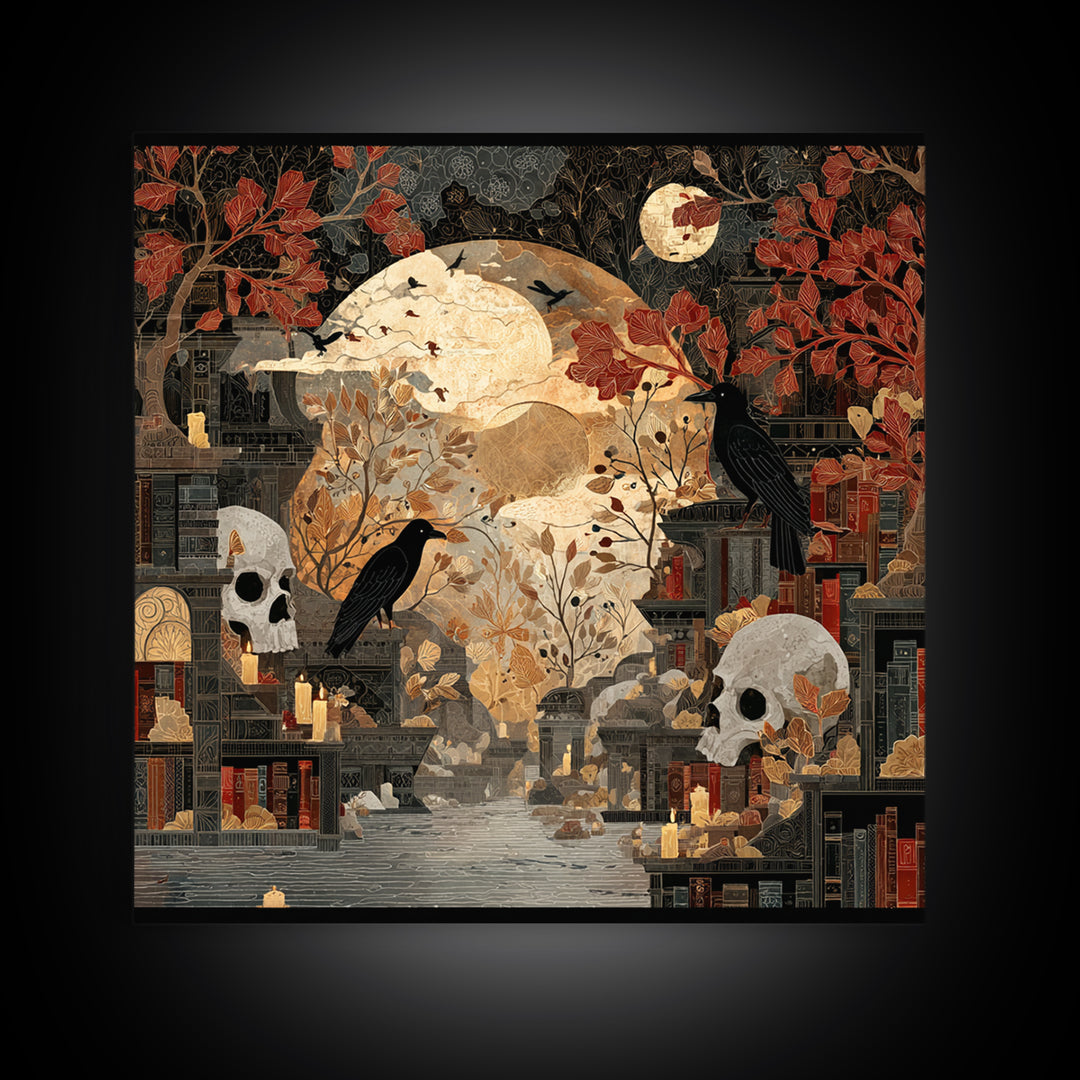 The Catacomb Library - Surreal Celestial Vision, Macabre Halloween Art, Square Wall Art, Framed Canvas Print, Halloween Home Decor
