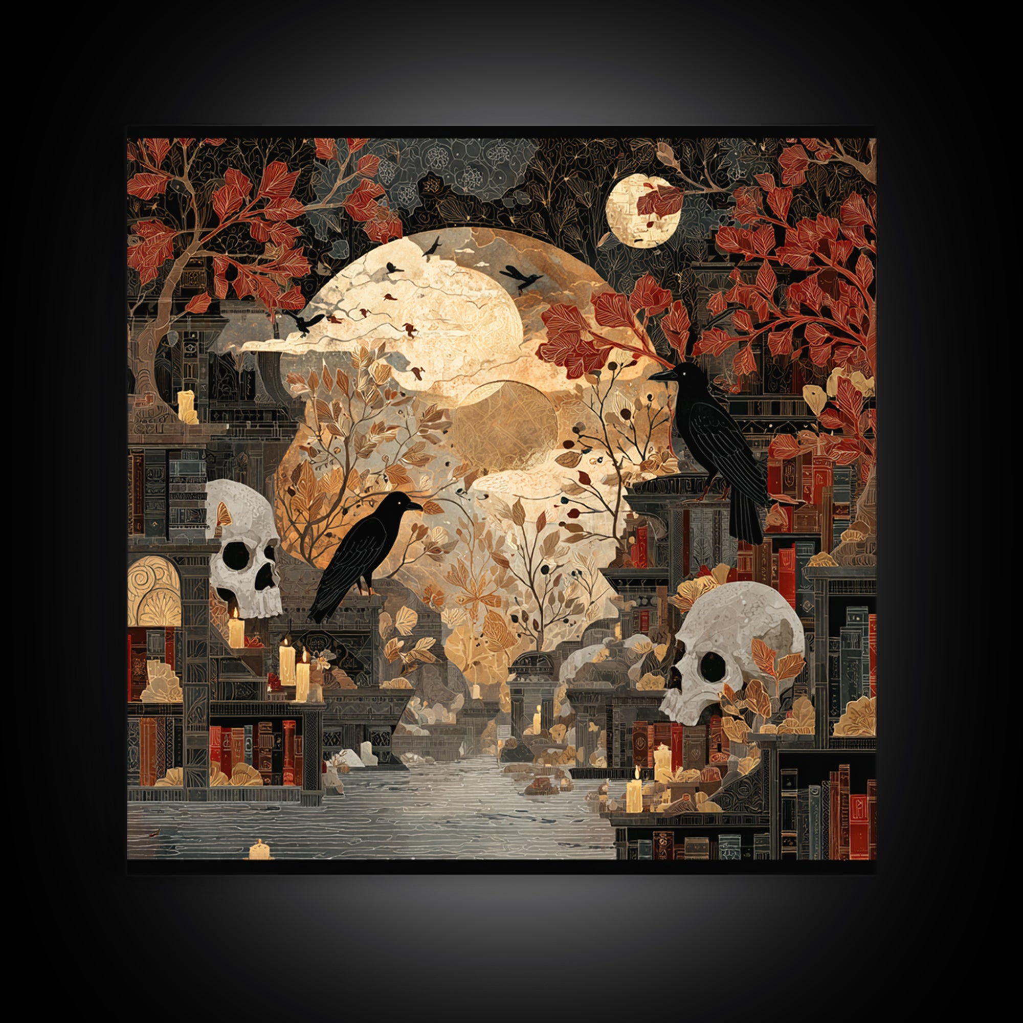 The Catacomb Library - Surreal Celestial Vision, Macabre Halloween Art, Square Wall Art, Framed Canvas Print, Halloween Home Decor