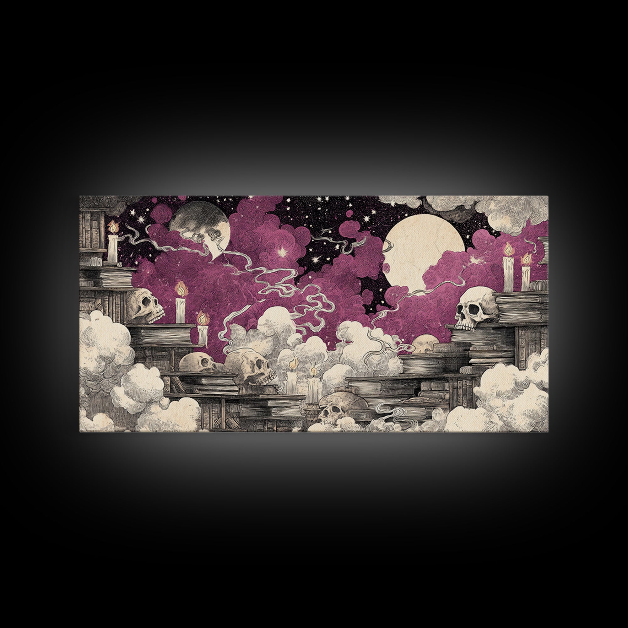 The Catacomb Library - Surreal Celestial Vision, Halloween Wall Art, Wide Panoramic Art, Framed Canvas Print, Halloween Home Decor