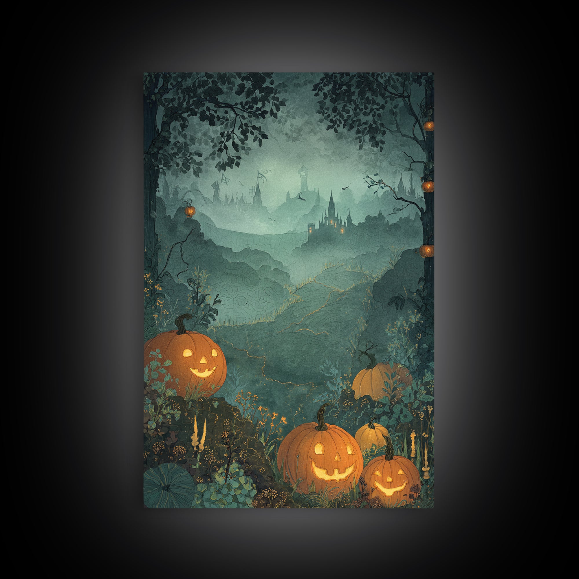 The Jack-O-Lantern Crown Jewels - Environmental Panorama, Spooky Wall Decor, Vertical Wall Art, Framed Canvas Print, Halloween Home Decor