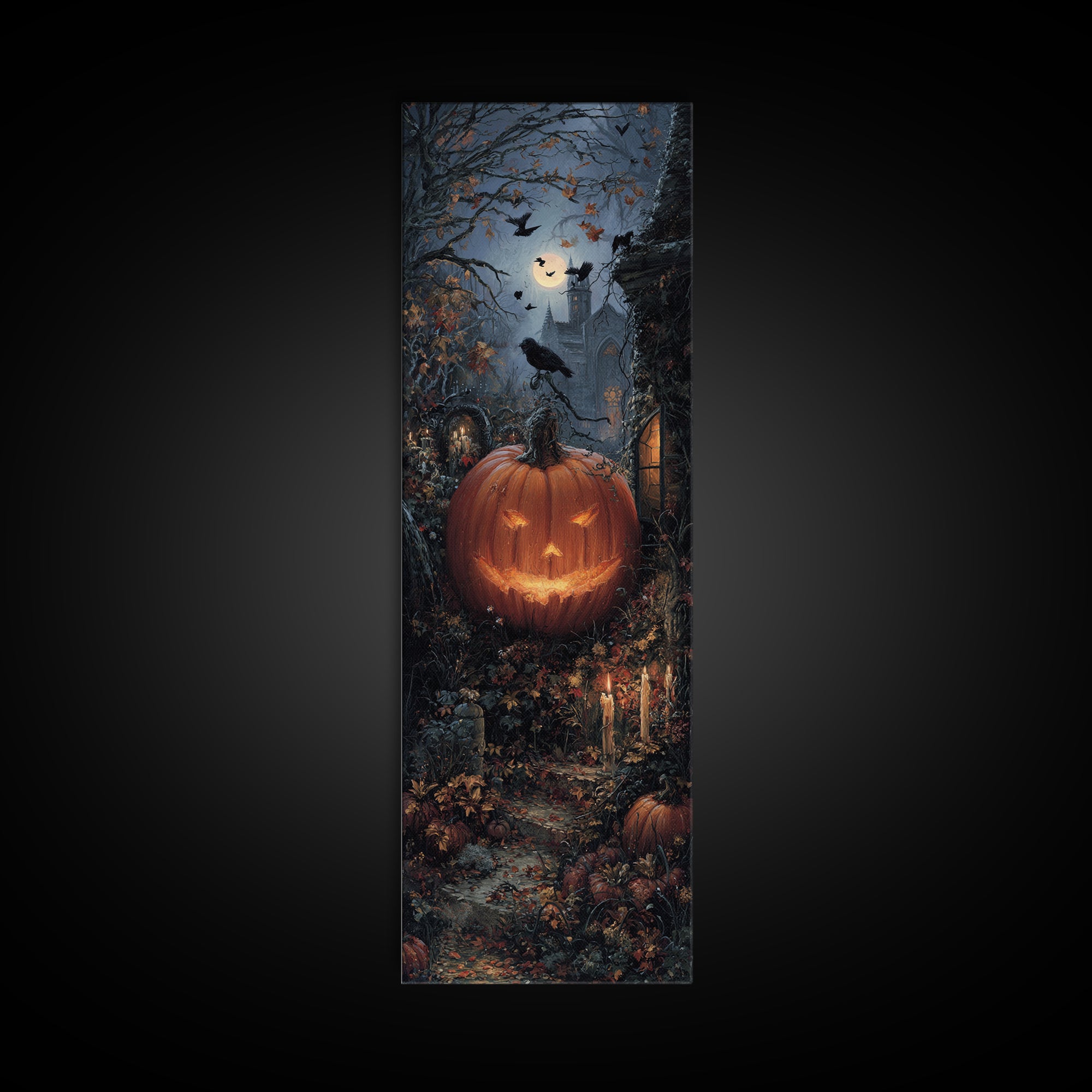 The Jack-O-Lantern Crown Jewels - Environmental Panorama, Macabre Halloween Art, Tall Narrow Wall Art, Framed Canvas Print, Gothic Wall Art