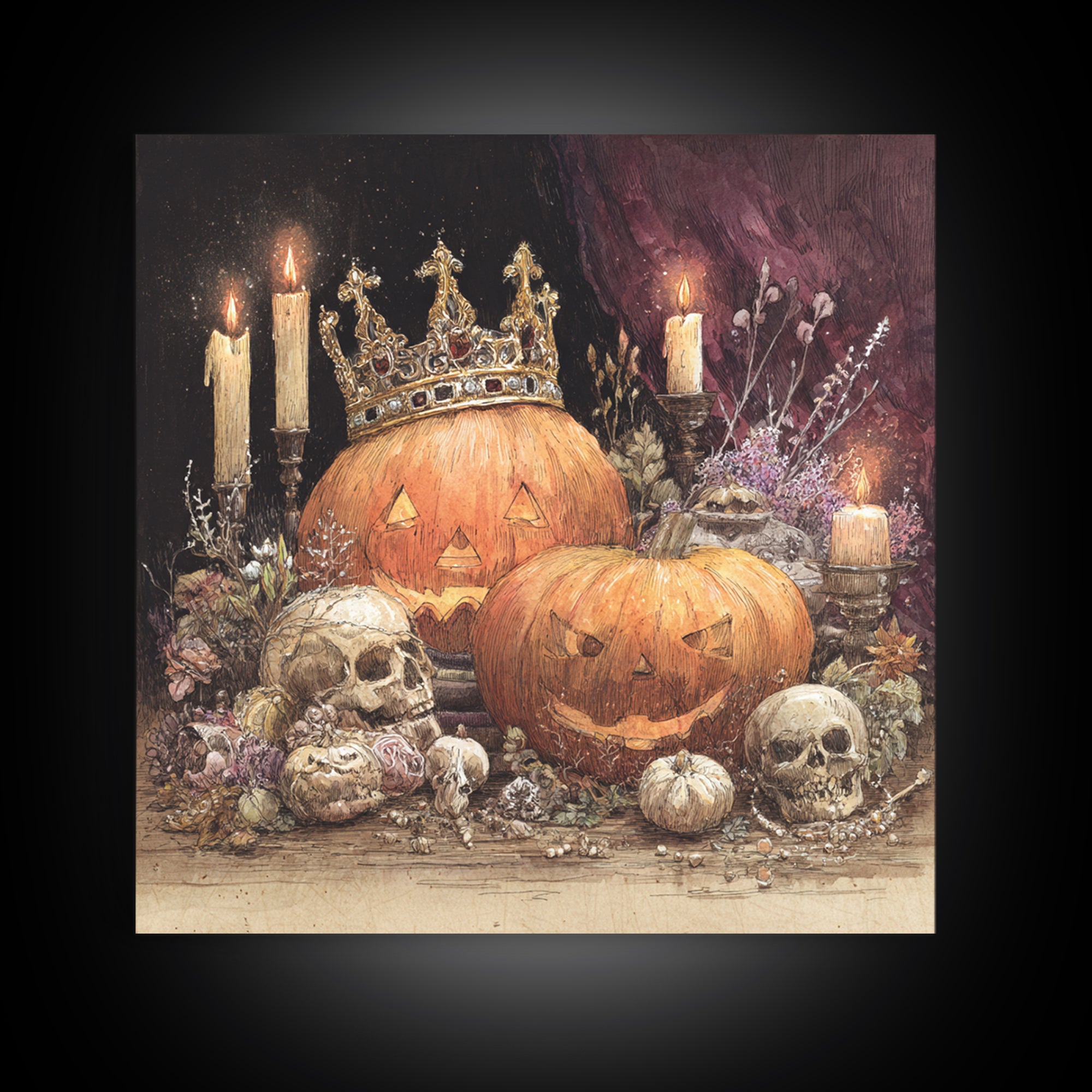 The Jack-O-Lantern Crown Jewels - Occult Still Life, Halloween Wall Art, Square Wall Art, Framed Canvas Print, Halloween Home Decor