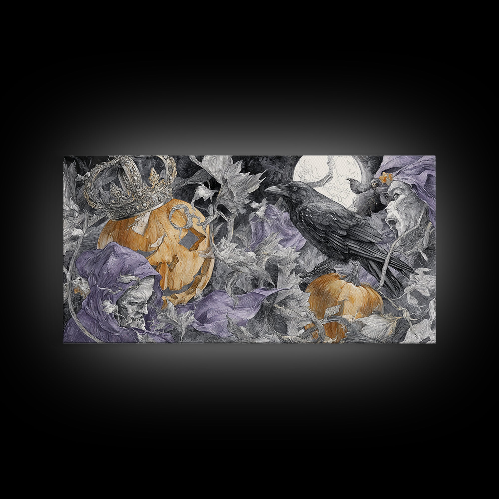 The Jack-O-Lantern Crown Jewels - Procession Scene, Spooky Wall Decor, Wide Panoramic Art, Framed Canvas Print, Halloween Home Decor