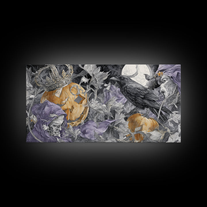 The Jack-O-Lantern Crown Jewels - Procession Scene, Spooky Wall Decor, Wide Panoramic Art, Framed Canvas Print, Halloween Home Decor