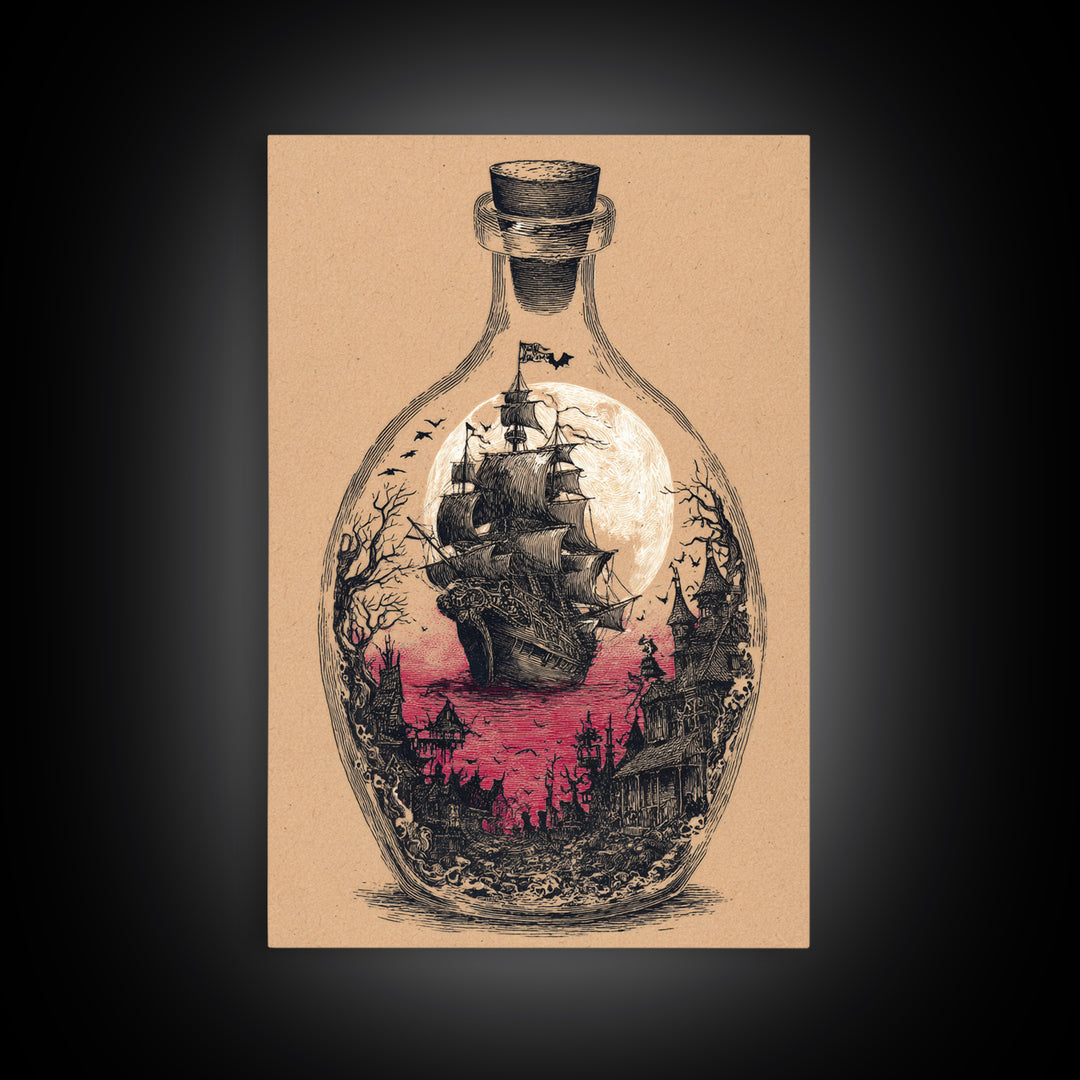 The Ghost Ship In A Bottle - Icon Portrait, Spooky Wall Decor, Vertical Wall Art, Framed Canvas Print, Halloween Home Decor, Gothic Wall Art