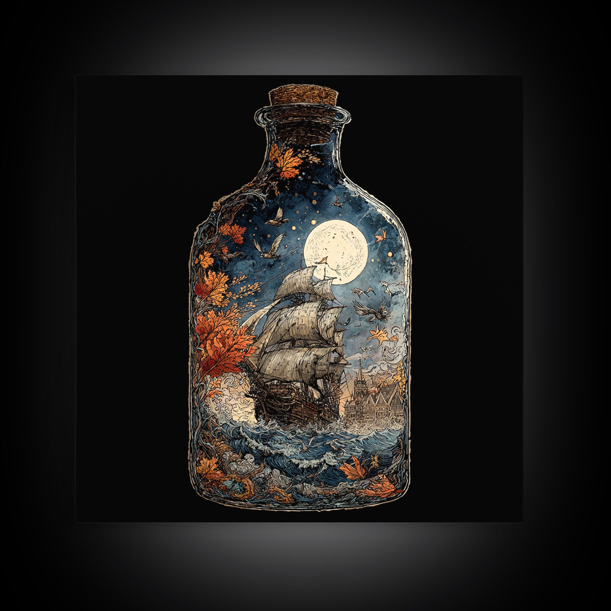 The Ghost Ship In A Bottle - Icon Portrait, Macabre Halloween Art, Square Wall Art, Framed Canvas Print, Halloween Home Decor