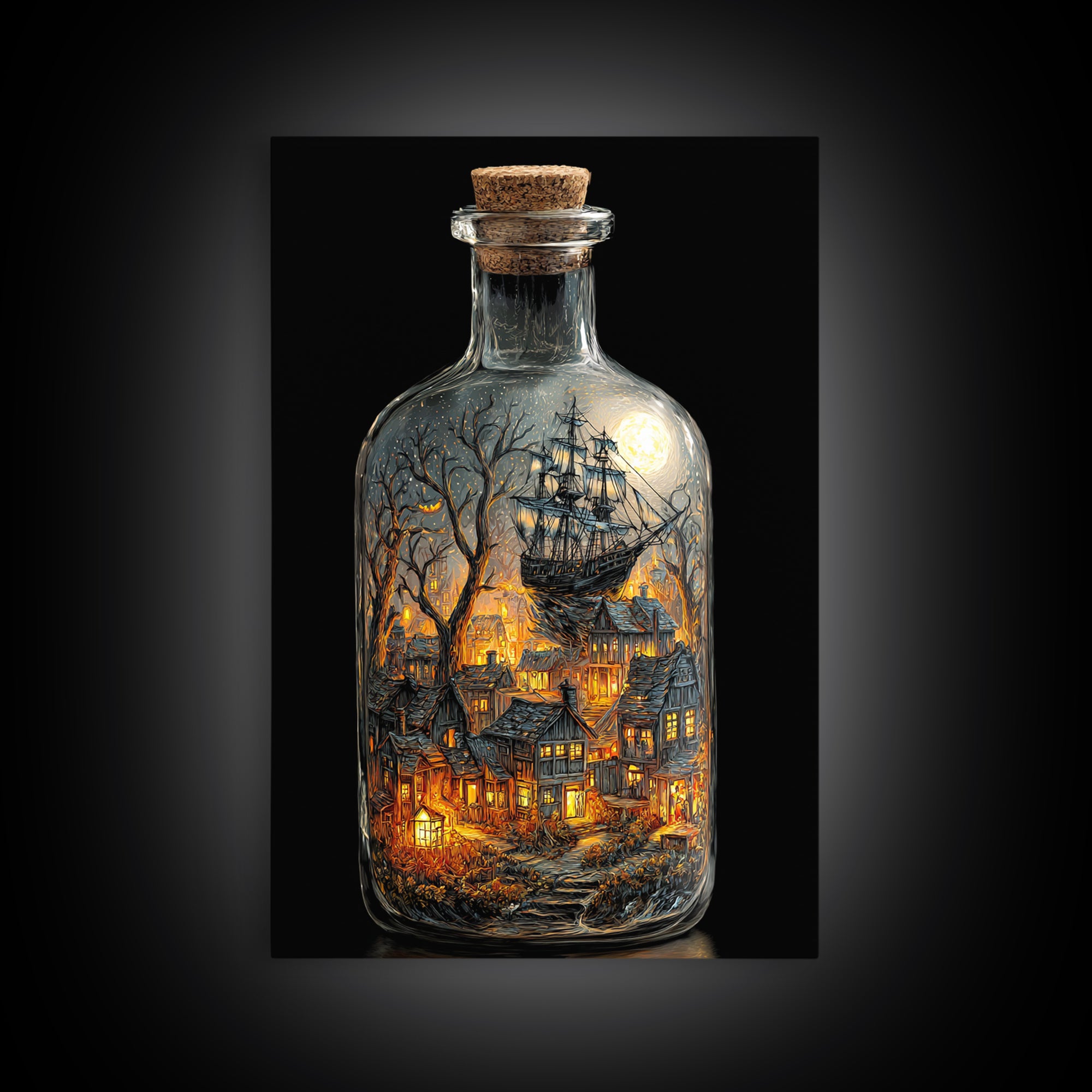 The Ghost Ship In A Bottle - Environmental Panorama, Macabre Halloween Art, Vertical Wall Art, Framed Canvas Print, Halloween Home Decor
