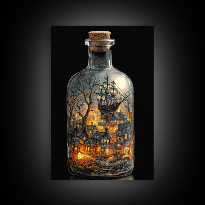 The Ghost Ship In A Bottle - Environmental Panorama, Macabre Halloween Art, Vertical Wall Art, Framed Canvas Print, Halloween Home Decor