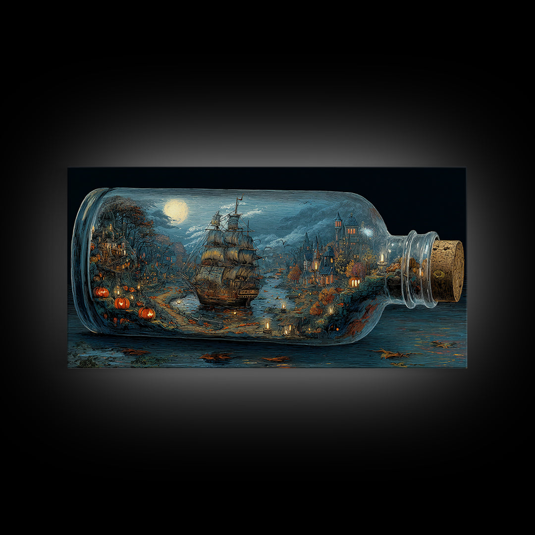 The Ghost Ship In A Bottle - Environmental Panorama, Gothic Home Decor, Wide Panoramic Art, Canvas Print, Halloween Home Decor