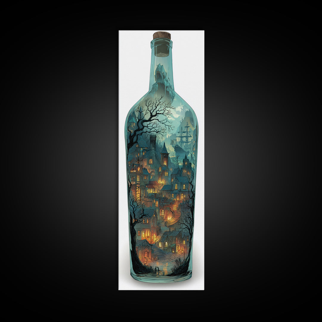 The Ghost Ship In A Bottle - Environmental Panorama, Spooky Wall Decor, Tall Narrow Wall Art, Framed Canvas Print, Halloween Home Decor