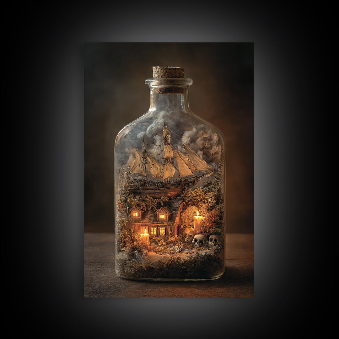 The Ghost Ship In A Bottle - Occult Still Life, Dark Fantasy Wall Art, Vertical Wall Art, Canvas Print, Halloween Home Decor