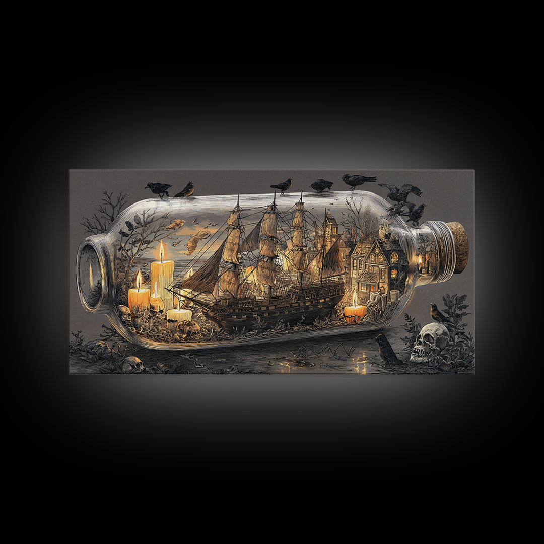 The Ghost Ship In A Bottle - Occult Still Life, Spooky Wall Decor, Wide Panoramic Art, Framed Canvas Print, Halloween Home Decor