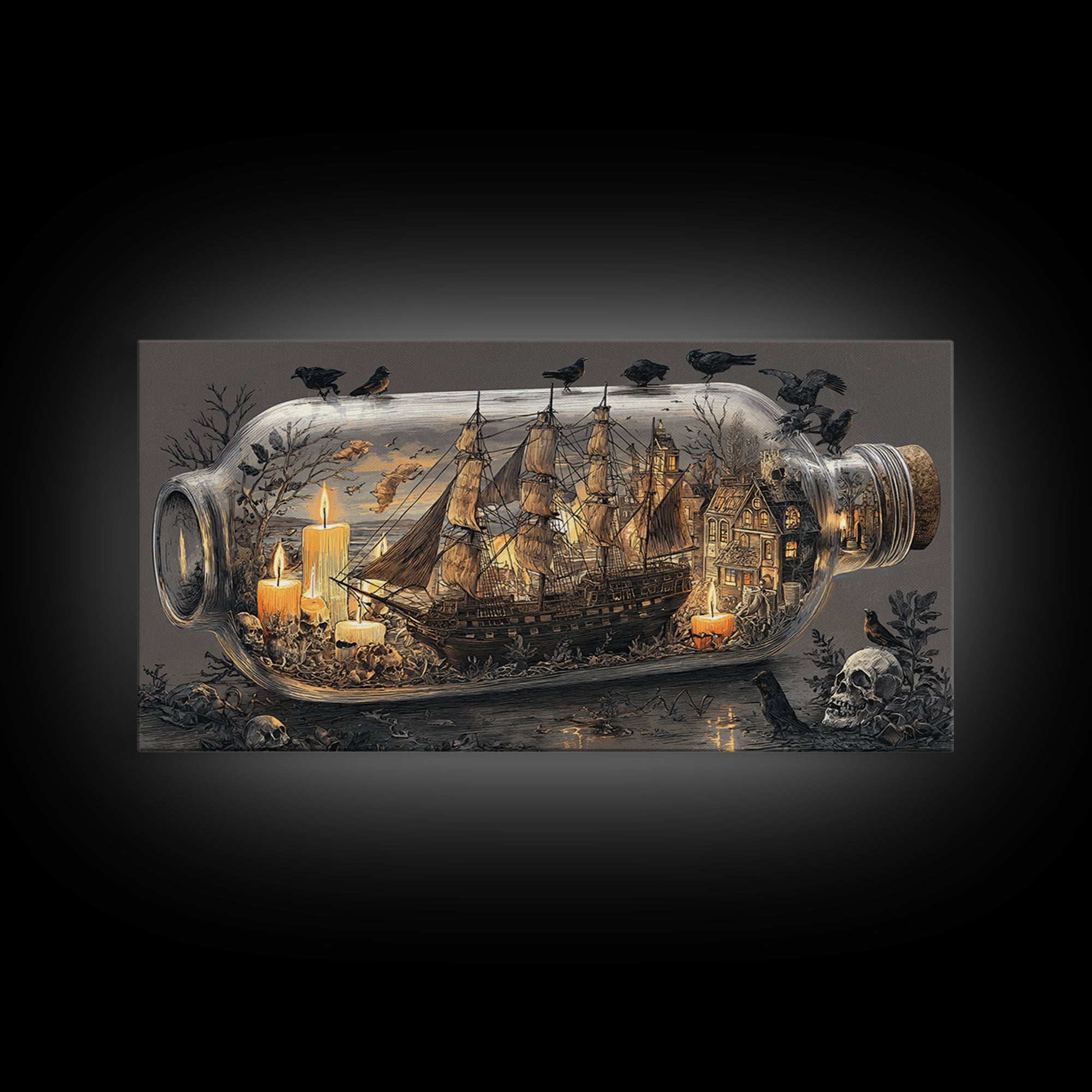 The Ghost Ship In A Bottle - Occult Still Life, Spooky Wall Decor, Wide Panoramic Art, Framed Canvas Print, Halloween Home Decor