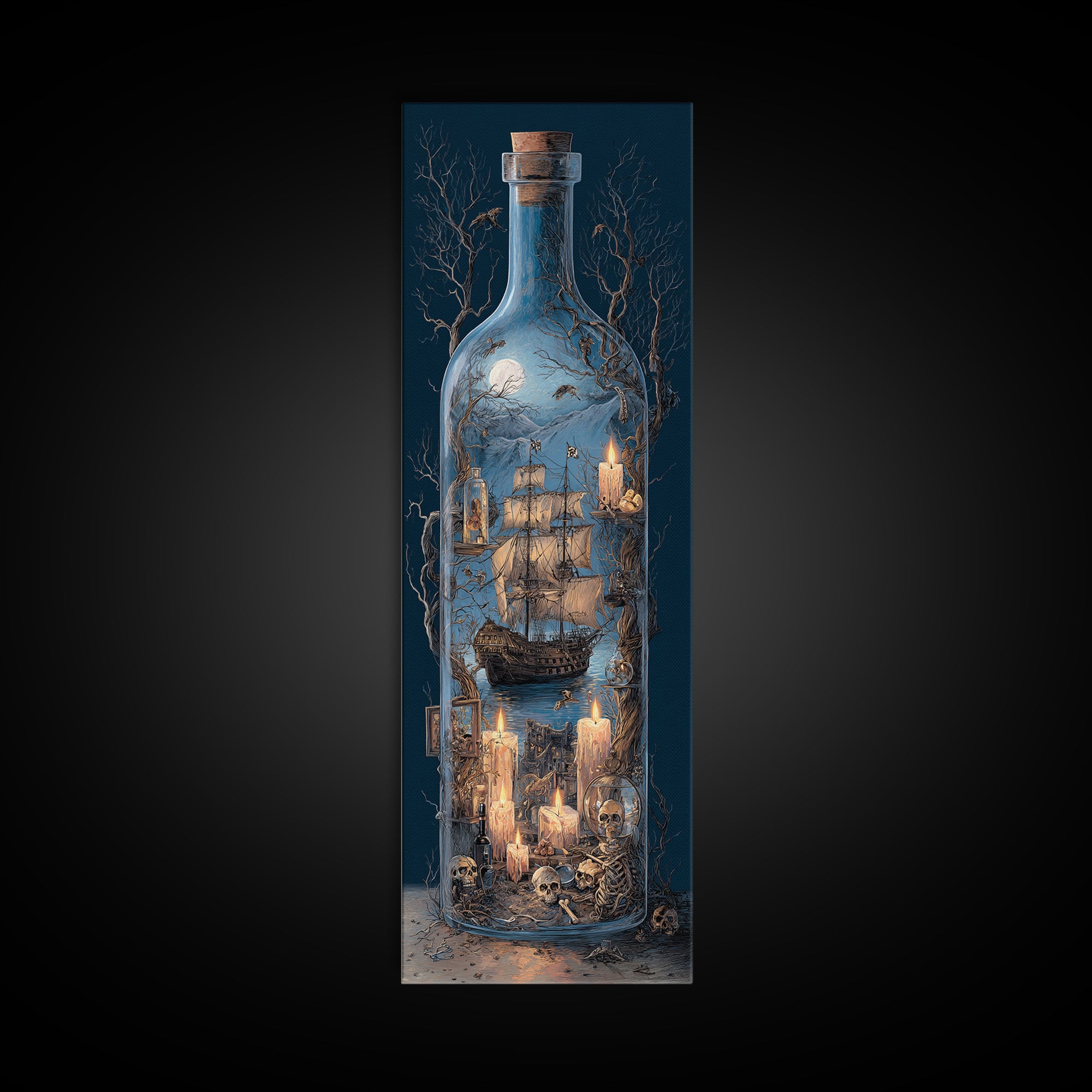 The Ghost Ship In A Bottle - Occult Still Life, Occult Wall Decor, Tall Narrow Wall Art, Canvas Print, Halloween Home Decor, Gothic Wall Art