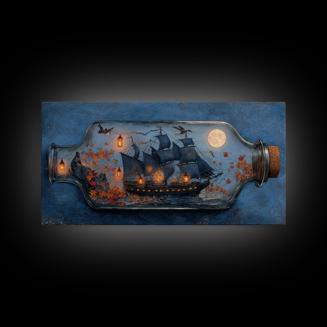 The Ghost Ship In A Bottle - Procession Scene, Occult Wall Decor, Wide Panoramic Art, Canvas Print, Halloween Home Decor, Gothic Wall Art