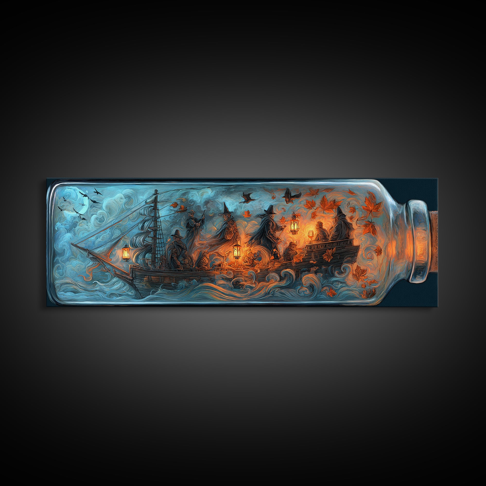 The Ghost Ship In A Bottle - Procession Scene, Halloween Wall Art, Extra Wide Wall Art, Framed Canvas Print, Halloween Home Decor