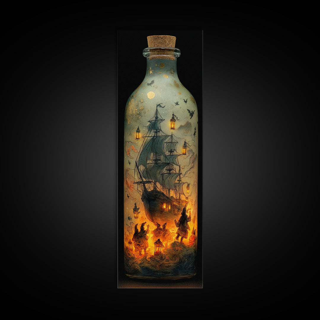 The Ghost Ship In A Bottle - Procession Scene, Gothic Home Decor, Tall Narrow Wall Art, Canvas Print, Halloween Home Decor, Gothic Wall Art
