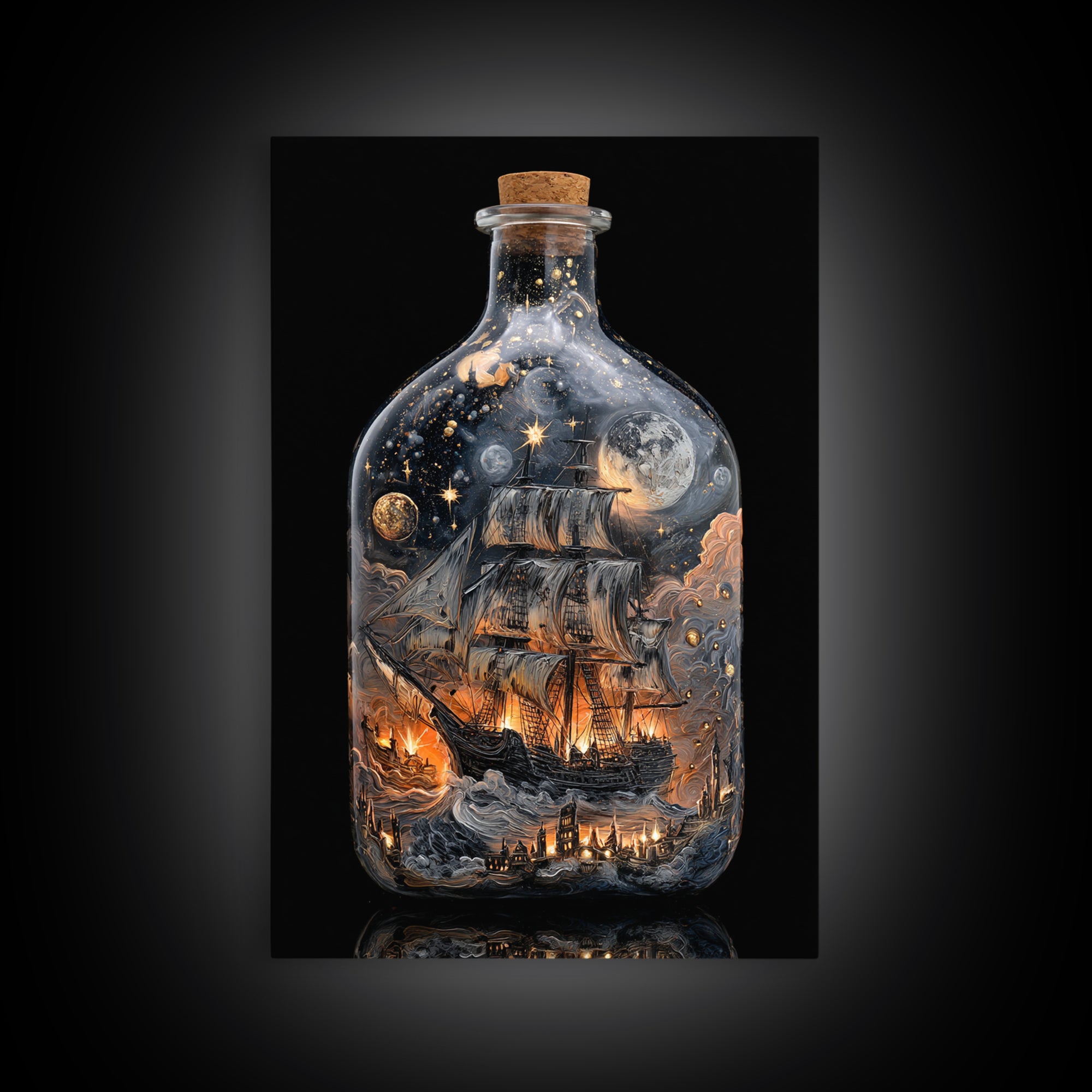 The Ghost Ship In A Bottle - Surreal Celestial Vision, Spooky Wall Decor, Vertical Wall Art, Framed Canvas Print, Halloween Home Decor