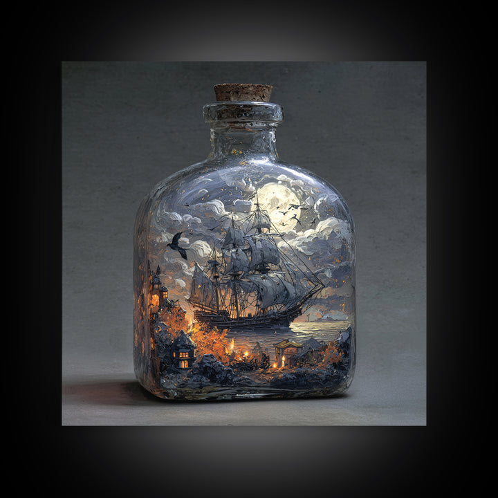 The Ghost Ship In A Bottle - Surreal Celestial Vision, Gothic Home Decor, Square Wall Art, Canvas Print, Halloween Home Decor