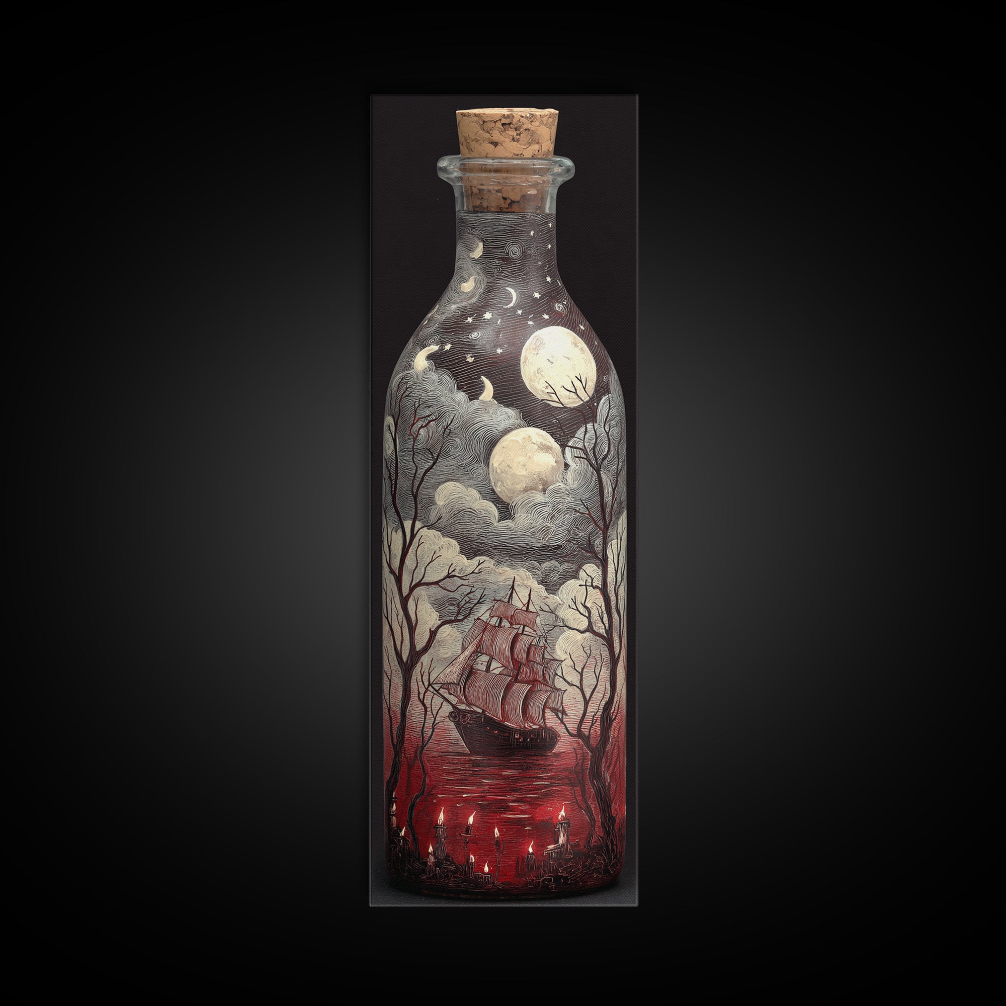 The Ghost Ship In A Bottle - Surreal Celestial Vision, Halloween Wall Art, Tall Narrow Wall Art, Framed Canvas Print, Halloween Home Decor