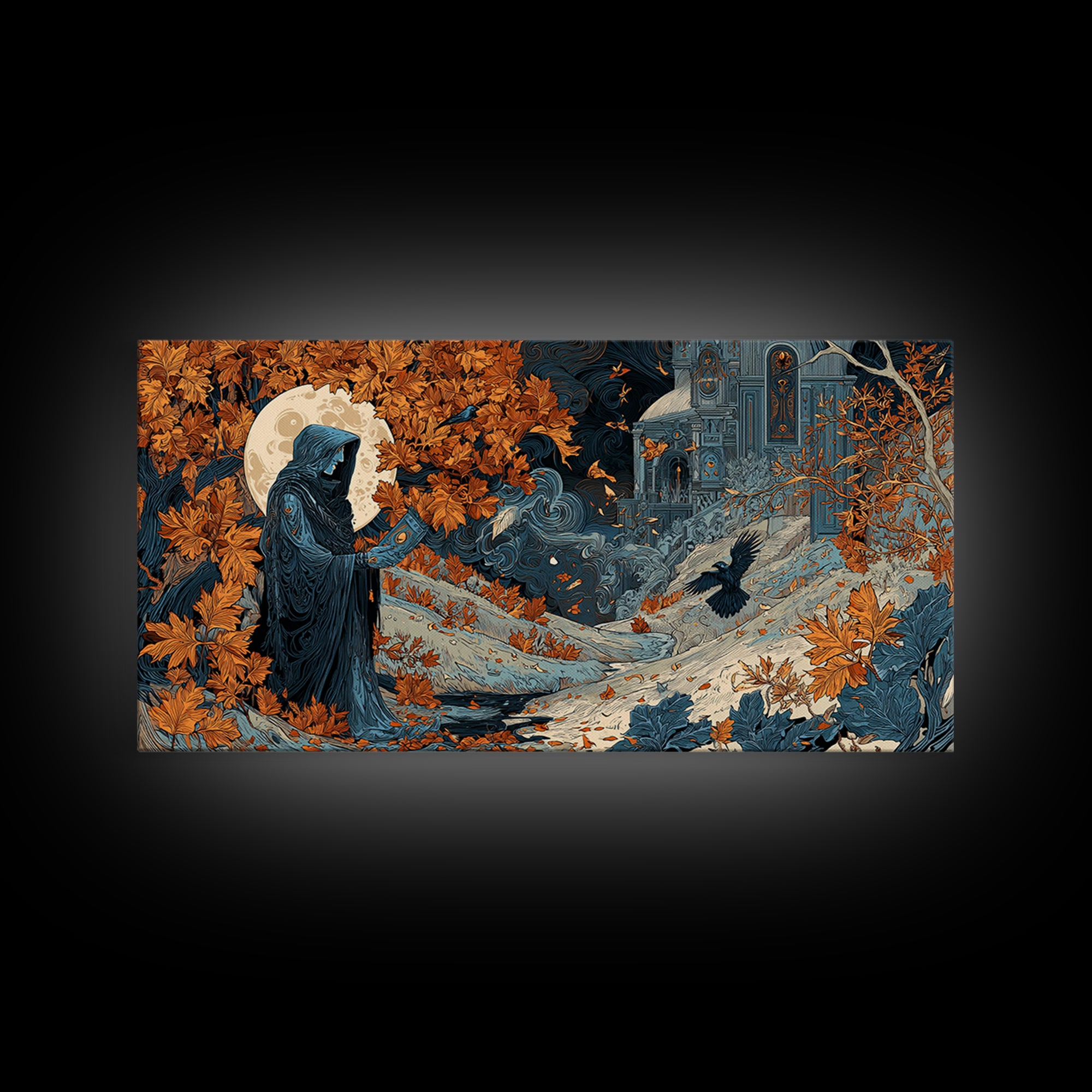 The Harvest Moon Tarot Reader - Environmental Panorama, Dark Fantasy Wall Art, Wide Panoramic Art, Canvas Print, Halloween Home Decor