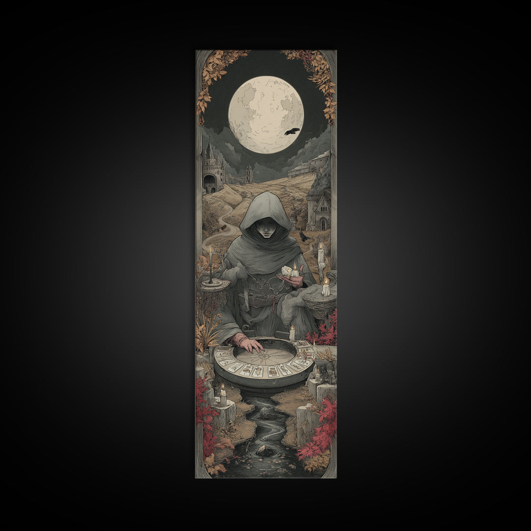 The Harvest Moon Tarot Reader - Environmental Panorama, Dark Fantasy Wall Art, Tall Narrow Wall Art, Canvas Print, Halloween Home Decor